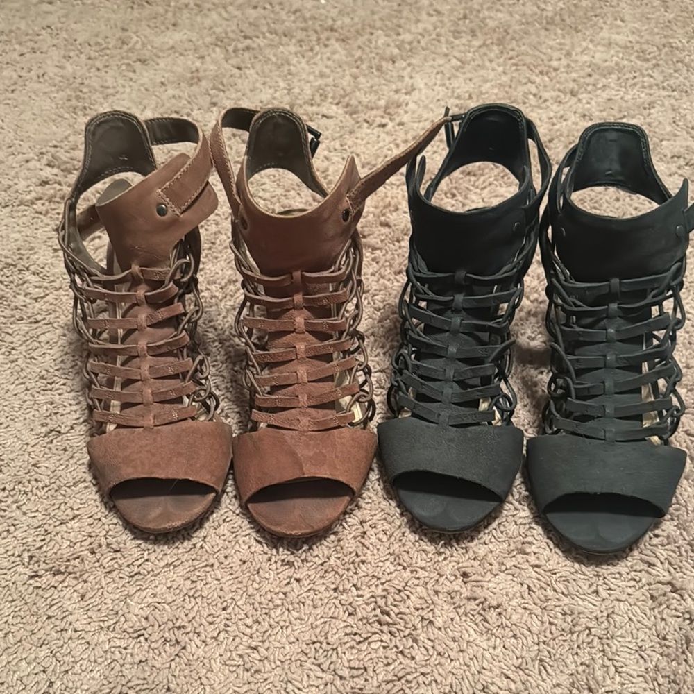 Brown and Black Strappy Heeled Sandals